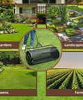 36 Inch Towable Compost Spreader With Black Metal Mesh Roller For Topsoil Mulch Manure And Peat Moss shown in garden and farm settings