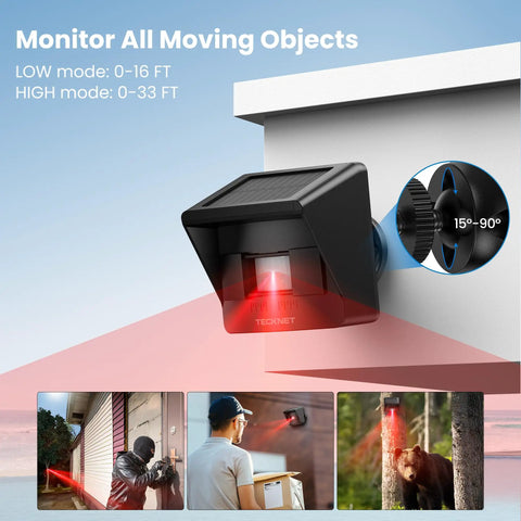 Solar Wireless Driveway Alarm With 2600 Ft Range, wall-mounted motion sensor, weatherproof, detecting motion of vehicles and animals.