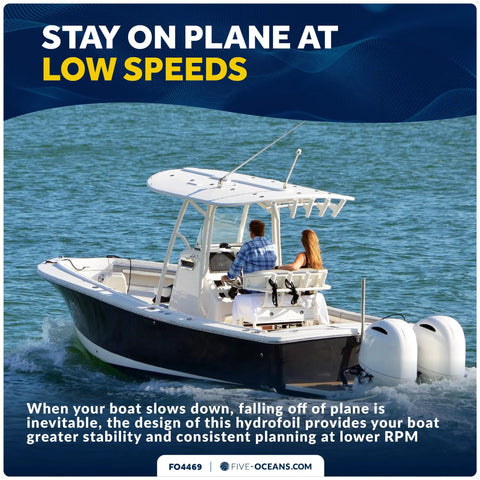 Boat equipped with Hydrofoil For Outboard Motor With Stabilizer Fins cruising on calm waters, enhancing stability and speed.