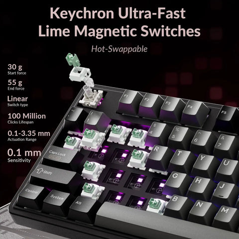 Premium TKL Wired Hall Effect Mechanical Keyboard Featuring Magnetic Switches Adjustable Actuation Rapid Trigger QMK Programmable RGB PBT Keycaps Smooth Glide with lime magnetic switches.