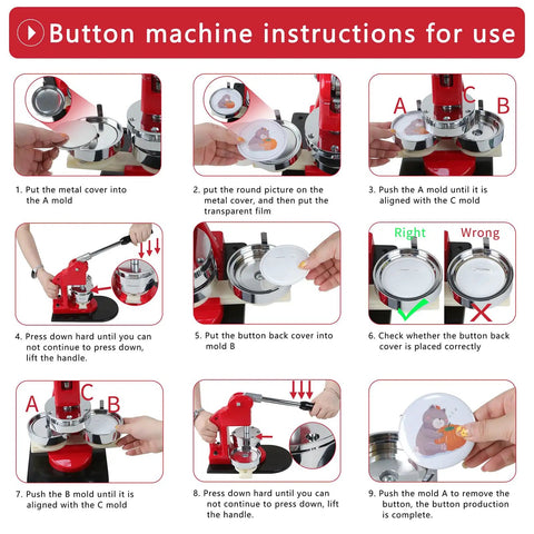 Heavy Duty Metal Button Maker Machine Pro Setup 32MM And 58MM Pin Press Kit instructions for use with visual guide
