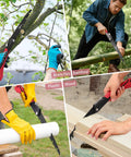 Collage of 10 Inch Folding Camping Saw with High Carbon SK9 Steel Teflon Coated Rust Resistant Blade in use cutting branches, bamboo, plastic, and wood.