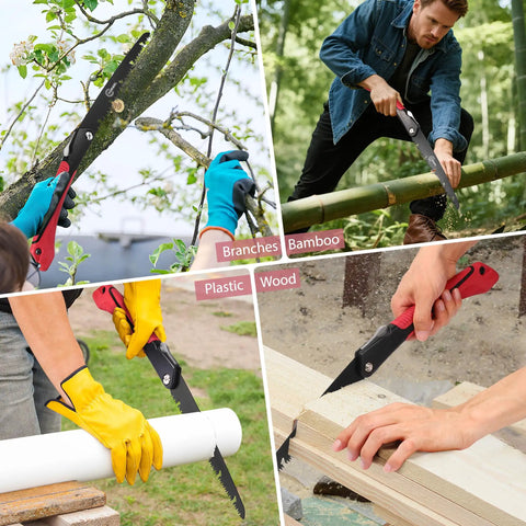 Collage of 10 Inch Folding Camping Saw with High Carbon SK9 Steel Teflon Coated Rust Resistant Blade in use cutting branches, bamboo, plastic, and wood.