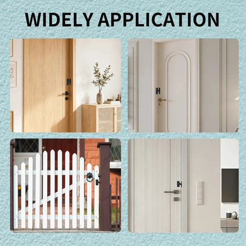 Compact 90 Degree Flip Latch Gate Security Lock With Matte Black Finish on various doors and gates in different settings.