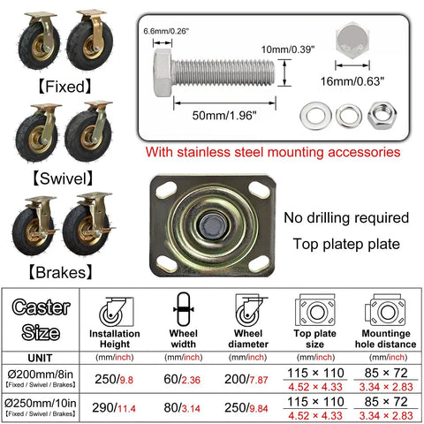 Heavy Duty 360 Degree Swivel Caster Wheels Pair Inflatable Rubber Tires With Parking Brake, includes mounting accessories and dimensions.