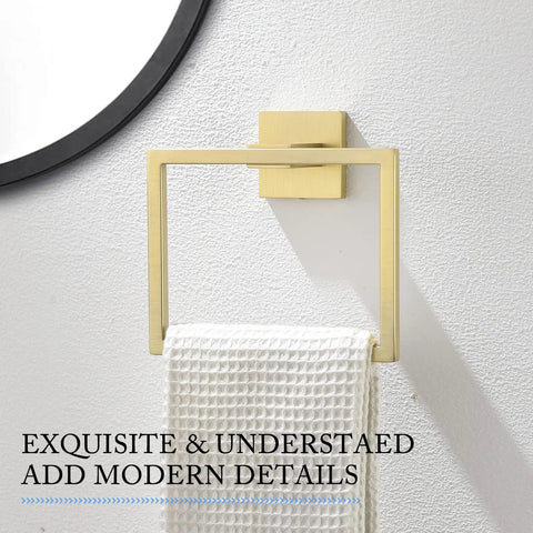 Brushed Gold Stainless Steel Towel Ring square design with white towel, wall mounted in modern bathroom setting.