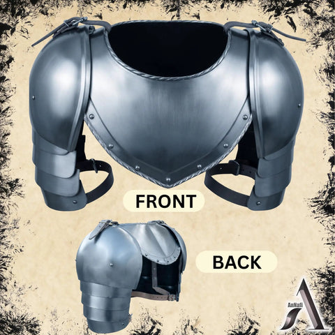 Front and back view of Medieval Shoulder Pauldron Set With Iron Gorget And Spaulders For LARP Ren Faire SCA Knight Armor Cosplay