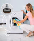 Close-up of Strong Adhesive Back of Straight Up Solid Non Slip Furniture Pads 2 Inch Round Black Heavy Duty Grippers under washing machine.