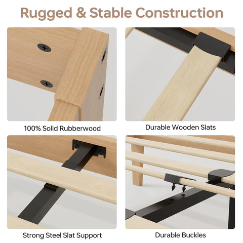 Built Different Twin Xl Wood Bed Frame With Solid Rubberwood Platform Base highlighting durable wooden slats and strong steel support.