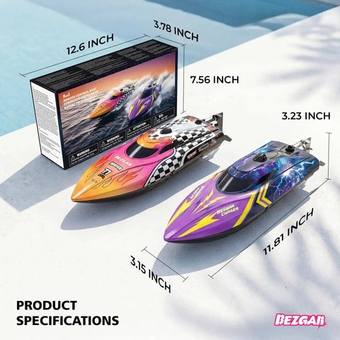 12 Inch RC Boat For Kids And Adults, Fast 25 KPH Remote Control Speed Boat With Dual Batteries next to packaging