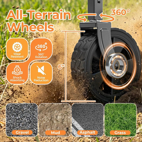 Close-up of 6-inch all-terrain wheel with 360° rotation for All In One Portable Collapsible Wagon Cart With Removable Side.