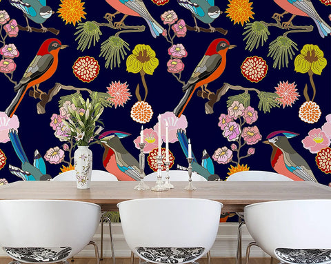 Six Panel Floral Birds Wall Mural Set In Multicolor With Ruby Cardinals And Teal Blue Jays On A Dark Navy Backdrop