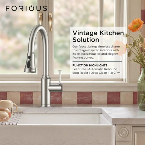 FORIOUS Kitchen Faucet with Pull Down Sprayer, Lead-Free Stainless Steel in a vintage kitchen setting with flowers.