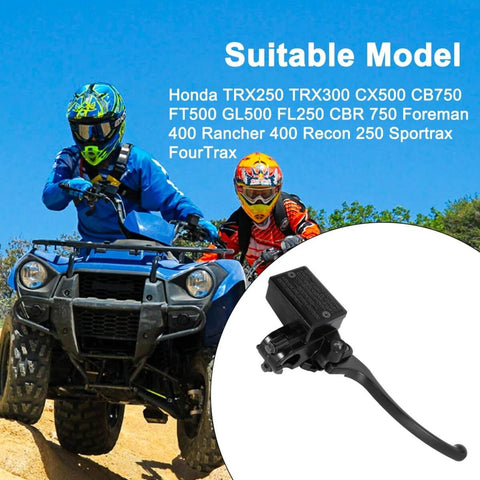 Beefed Up Seven Eighths Inch Hydraulic Front Right Brake Master Cylinder Replacement For Honda ATVs displayed next to ATV riders