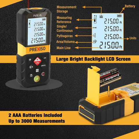 Laser Distance Measurer With 215 Ft Range, Diagonal Measuring Extension, And Mute Beep For Quiet Spaces, 100 Group Memory And Add Subtract Calculations, Ideal For Builders, Contractors, And DIYers, with backlit LCD and AAA batteries
