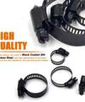 Close-up of black finish 60 Piece Stainless Steel Adjustable Hose Clamp Kit, various sizes visible.