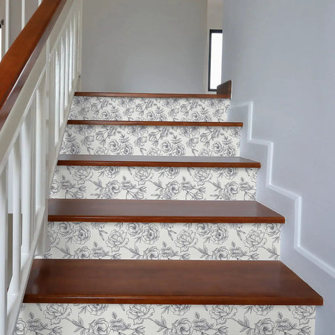 Black And White Vintage Floral Wallpaper Peel And Stick Roll 17.7 Inch Wide By 236 Inch Long For Walls Cabinets Bedroom Living Room Matte Vinyl Self Adhesive Peony Flower Decor highlighting staircase detailing