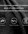 Close-up of Linen Front Seat Covers Breathable Soft Cloth Car Seat Protector Universal Fit For Cars Vans SUVs Trucks 2 Pack Black showing texture and icons for breathable, soft, and wear-resistant features.
