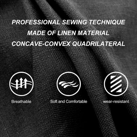 Close-up of Linen Front Seat Covers Breathable Soft Cloth Car Seat Protector Universal Fit For Cars Vans SUVs Trucks 2 Pack Black showing texture and icons for breathable, soft, and wear-resistant features.