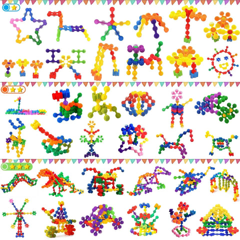 Various shapes and figures built with Kid Friendly STEM Building Blocks Set 120 Piece Gear Interlocking Toy Kit With Colorful Star Shaped Pieces Safe Plastic Material For Toddlers Aged 3 Plus Educational Construction Toy For Boys And Girls.