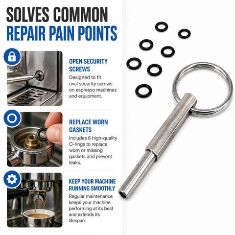 Oval Security Bit Magnetic Repair Tool In 316 Stainless Steel, 2.4 Inch, shown with gaskets for espresso machines