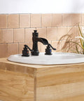 Matte Black 3 Hole Widespread Bathroom Faucet With Two Handles 8 Inch Centers Waterfall Spout Farmhouse Style on wood counter