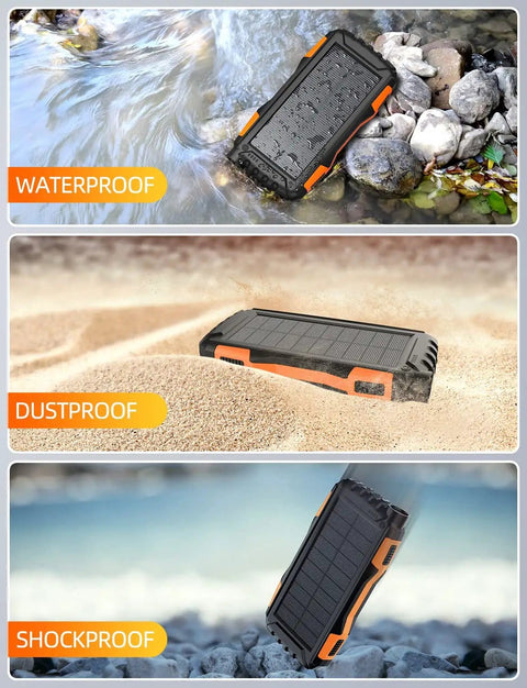 42800mAh Solar Charger Power Bank Portable Charger With USB C Input Output Dual USB Ports QC 3.0 Fast Charge External Battery Pack Built-In Super Bright Flashlight Charges Three Devices Outdoor Orange on rocks, sand, and stones.