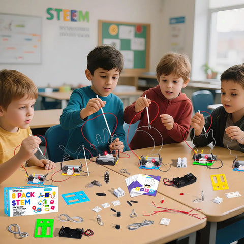 8 Set Electric Circuit STEM Kits For Kids Aged 8 To 12 Easy Setup No Tools Needed Each Kit Comes With Its Own Manual Supports Up To 8 Players Batteries Not Included Super Fun Hands On Electronics Projects, kids assembling circuit parts