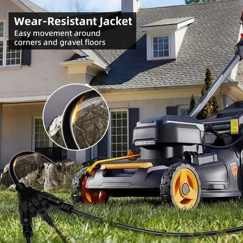 50 Ft Outdoor Extension Cord With Three Outlets Waterproof Heavy Duty 16 Gauge Three Conductor SJTW 3 Prong Grounded Power Cable shown with lawn mower