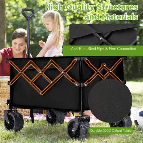Heavy Duty Collapsible Wagon With 400 Lb Capacity For All Terrain Big Wheels Ideal For Sand Beach Camping Garden And Sports Folding Utility Cart Black shown on grass with picnic setup