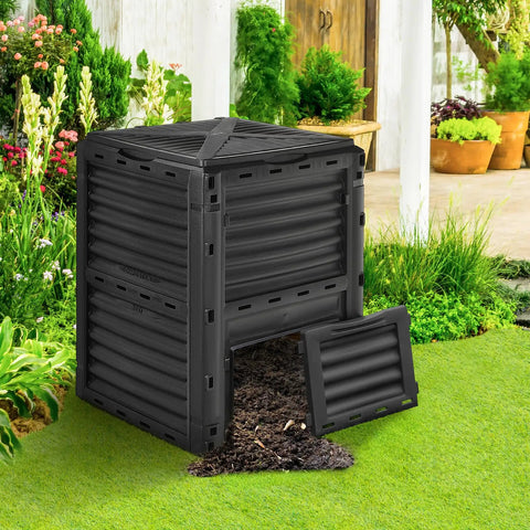 80 Gallon Outdoor Compost Bin With Top Lid And Bottom Door Aerating Design, Weatherproof PP Plastic Backyard Waste Container