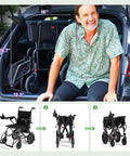 SUNDERWELL foldable electric wheelchair, black, for adults with removable battery and dual-brake, in car trunk.