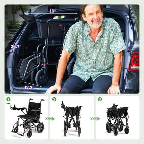 SUNDERWELL foldable electric wheelchair, black, for adults with removable battery and dual-brake, in car trunk.