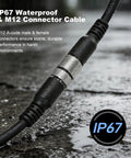 M12 A-Coded 4-Pin Straight Female Shielded Signal And Power Cable in rain showcasing IP67 rating.