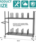 No Bull Heavy Duty Packing Station Cart With Fully Adjustable Height Steel Wire Shelving Plus Smooth Rolling Locking Casters dimensions and load capacity displayed.