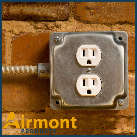 4 Inch Square Electrical Box And 2 Gang Duplex Receptacle Exposed Work Cover Pack with crushed corners installed on brick wall