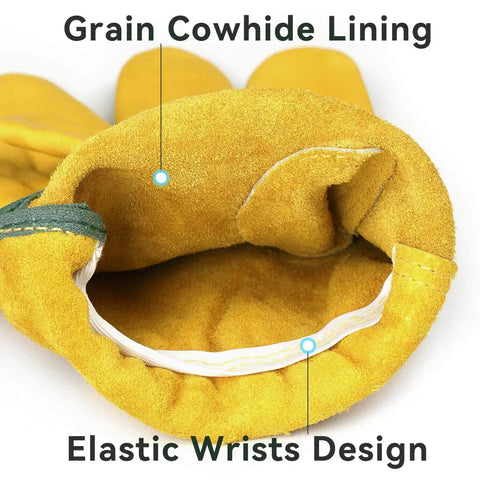 Close-up of Tough Cowhide Leather Work Gloves With Flex Grip For Wood Cutting, Construction, Driving, And Gardening For Men And Women, Breathable Sweat Wicking Palm, Durable Outdoor Gloves, Large Gold 1 Pair showing grain cowhide lining and elastic wrists design.