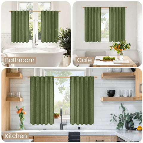 Dark Green Faux Linen Curtains For Kitchen Window Light Filtering Textured Drapes With Rod Pocket And Back Tab 2 Panel Set Each Panel 42 Inches Wide By 40 Inches Long Olive Toned Cafe Office Vibe installed in bathroom, cafe, and kitchen.
