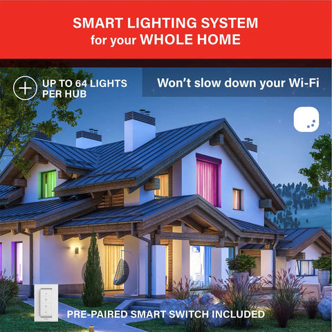 Exterior view of house showcasing RGB Color Changing Smart Bulbs That Work With Alexa And Google Home 3 Pack Starter Kit With Smart Switch.
