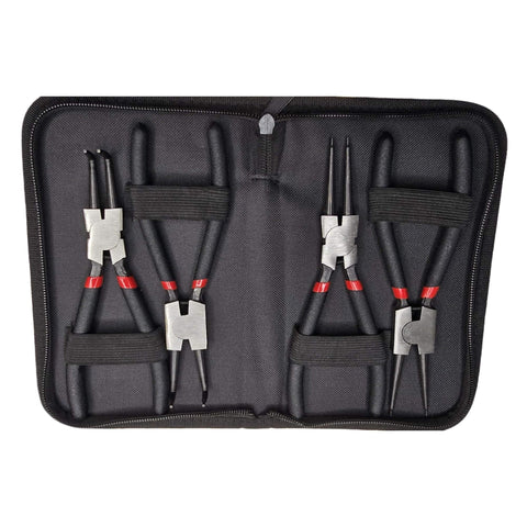 4 Piece 7 Inch Snap Ring Pliers Set With Internal And External Circlip Pliers, Straight And 90 Degree Angled Jaws in black case