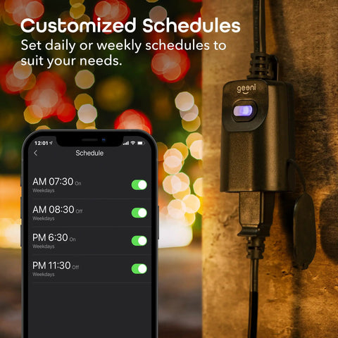 Weatherproof Indoor Outdoor Smart Plug With One Socket Handy Remote Control And Timer Set Lights And Devices From Anywhere Works With Alexa And Google Assistant Requires 2.4 GHz WiFi Black showing customized schedule on phone.