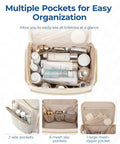 Open Puffy Nylon Travel Toiletry Bag With Wide Opening For Easy Access showing multiple pockets with various toiletries inside.