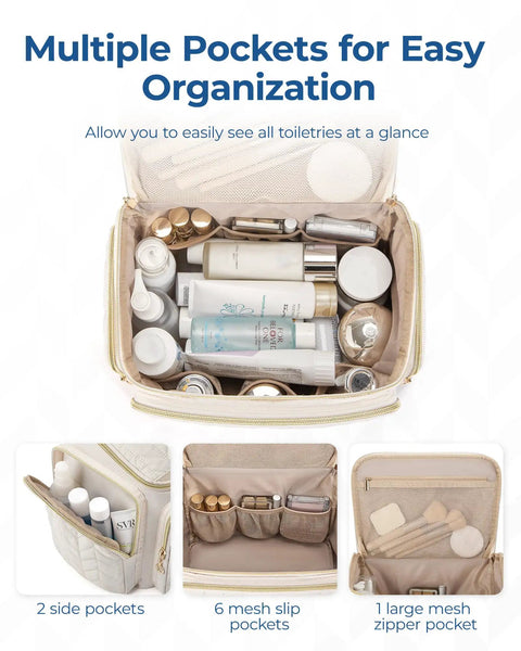 Open Puffy Nylon Travel Toiletry Bag With Wide Opening For Easy Access showing multiple pockets with various toiletries inside.