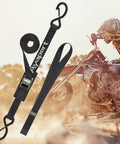 Cam Buckle Tie Down Straps 8Ft 1250Lbs Break Strength 4 pack with S hooks alongside motorcycle off-road riding image