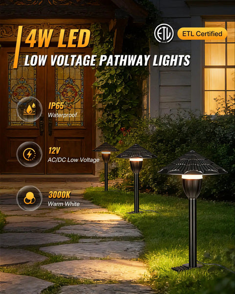 All In One LED Low Voltage Landscape Lighting Kit With Eight Pathway Lights And Transformer One Hundred Foot Wire And Connectors 3000K Waterproof Yard Garden Walkway Lighting For No Fuss Easy DIY Setup illuminating a cobblestone path at night.