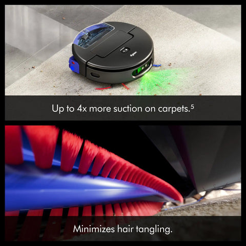 Spot Plus Scrub AI Wet And Dry Robot Vacuum with AI Spill Detection shown cleaning carpet with self-cleaning roller.