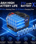 21V 6.0Ah battery for Cordless Garden Tiller Cultivator With 720 RPM Power, showing 120 min use and 2-3 hrs charge time