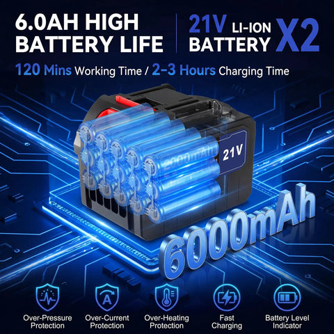 21V 6.0Ah battery for Cordless Garden Tiller Cultivator With 720 RPM Power, showing 120 min use and 2-3 hrs charge time