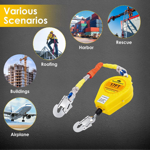 Heavy Duty Self Retracting Fall Arrestor With Solid 17 Foot SRL Rope And Double Locking Steel Housing for roofing and construction.