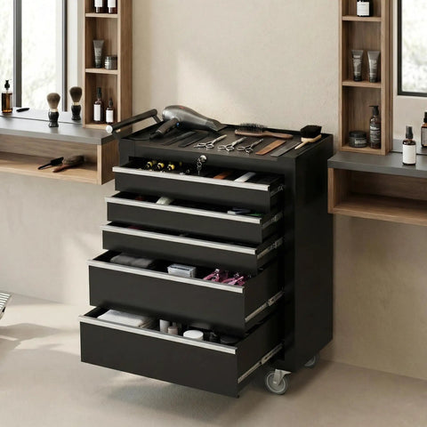 Heavy Duty Steel Rolling Tool Chest With Five Deep Drawers Rock Solid Swivel Casters Precision Ball Bearings Locking Handles Non Slip Liners Matte Black Mobility Cart Built Tough For Shop Hustle